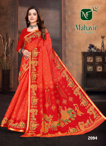 Royal Heritage Printed Red Pure Cotton Resham Zari Border Saree