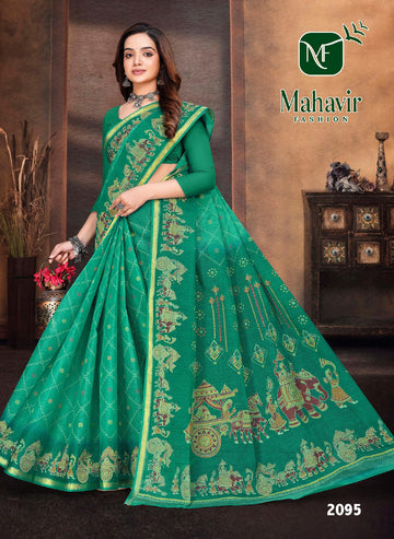 Royal Heritage Printed Rama Pure Cotton Resham Zari Border Saree