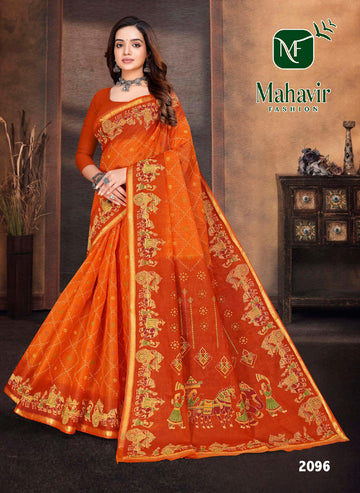 Royal Heritage Printed Rust Pure Cotton Resham Zari Border Saree