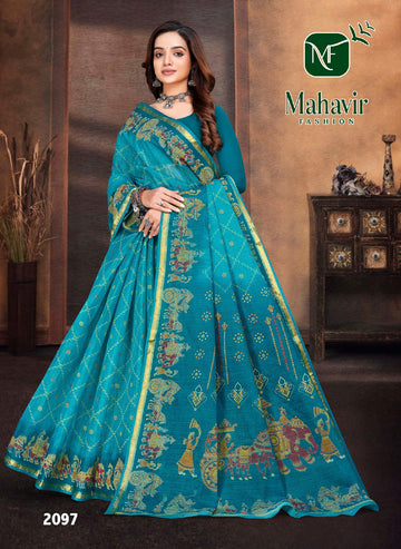Royal Heritage Printed Blue Pure Cotton Resham Zari Border Saree