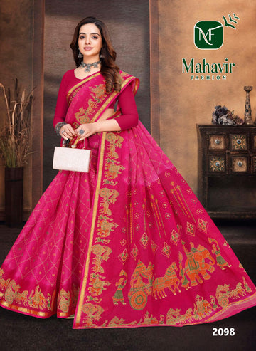 Royal Heritage Printed Pink Pure Cotton Resham Zari Border Saree