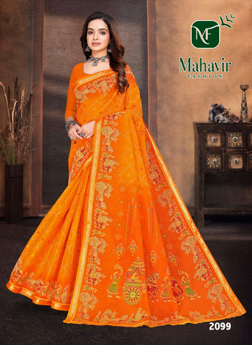 Royal Heritage Printed Golden Pure Cotton Resham Zari Border Saree