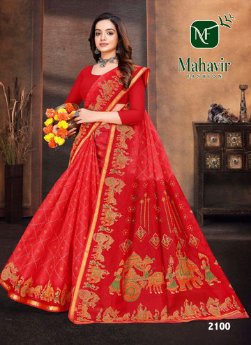 Royal Heritage Printed Deep Red Pure Cotton Resham Zari Border Saree