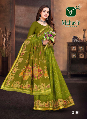 Royal Heritage Printed Green Pure Cotton Resham Zari Border Saree