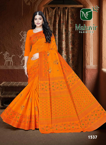 Orange Pure Cotton Malmal Saree with Rich Embroidery
