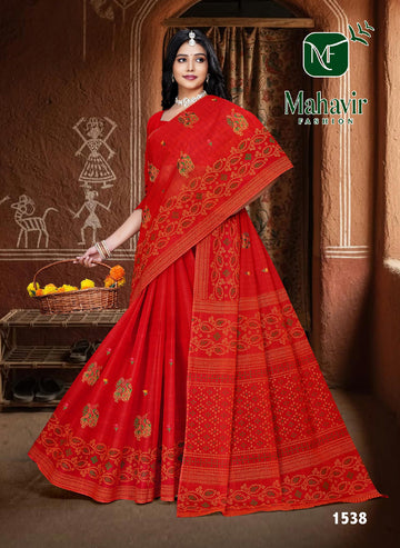 Red Pure Cotton Malmal Saree with Rich Embroidery