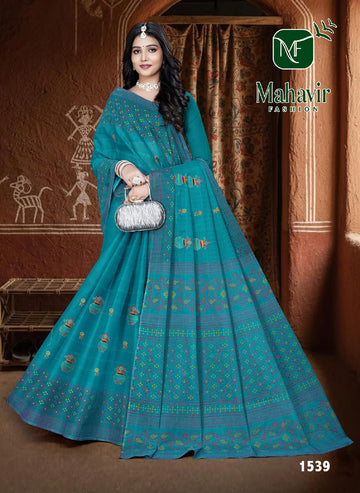 Teal Blue Pure Cotton Malmal Saree with Rich Embroidery