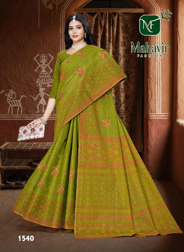 Green Pure Cotton Malmal Saree with Rich Embroidery