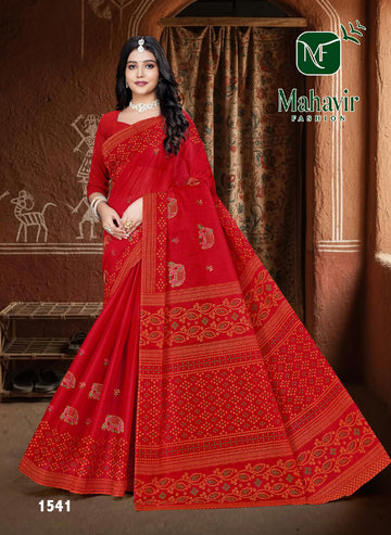 Bright Red Pure Cotton Malmal Saree with Rich Embroidery