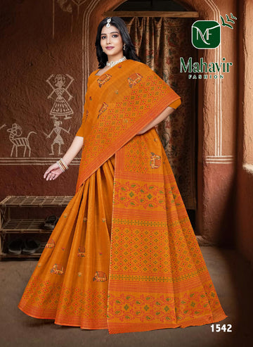 Mustard Pure Cotton Malmal Saree with Rich Embroidery