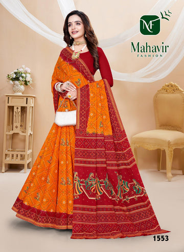 Golden Pure Cotton Malmal Bandhani saree