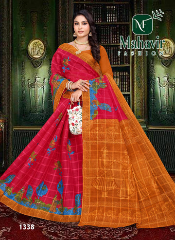 Vibrant Pink Pure Cotton Malmal Chokda Saree in Artistic Printed Figures