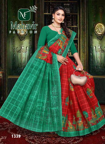 Red Pure Cotton Malmal Chokda Saree in Artistic Printed Figures