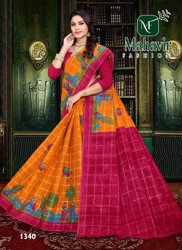 Golden Pure Cotton Malmal Chokda Saree in Artistic Printed Figures