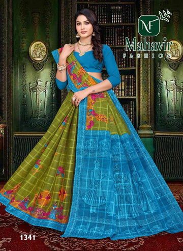 Mehandi Pure Cotton Malmal Chokda Saree in Artistic Printed Figures