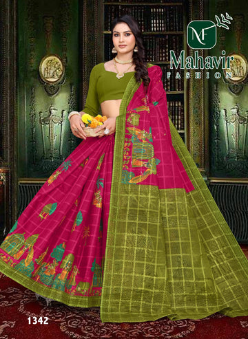 Rani Pink Pure Cotton Malmal Chokda Saree in Artistic Printed Figures