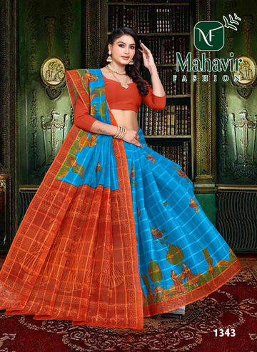 Blue Pure Cotton Malmal Chokda Saree in Artistic Printed Figures