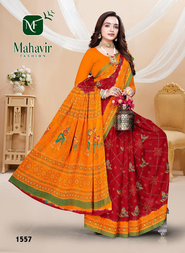 Red Pure Cotton Malmal Bandhani saree