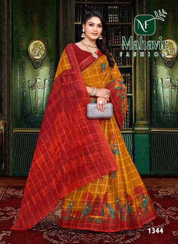 Yellow Pure Cotton Malmal Chokda Saree in Artistic Printed Figures