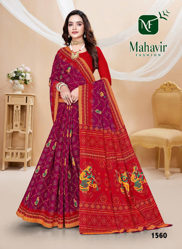 Purple Pure Cotton Malmal Bandhani saree