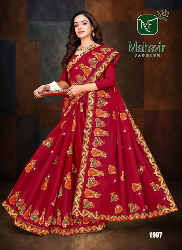 Red Pure Cotton Malmal Saree Worked with Designer Lace and Swaroski