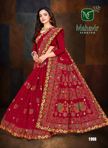 Red Pure Cotton Malmal Saree Worked with Designer Lace and Swaroski