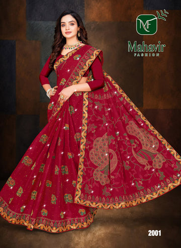 Red Pure Cotton Malmal Saree Worked with Designer Lace and Swaroski