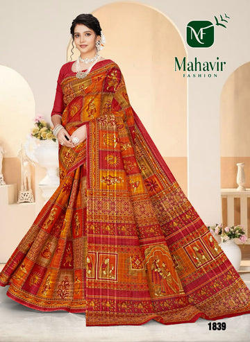Red Pure Cotton Malmal Chokda Saree in Rich Position Prints