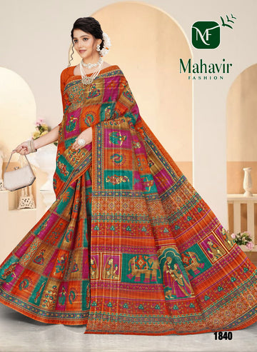 Rust Pure Cotton Malmal Chokda Saree in Rich Position Prints