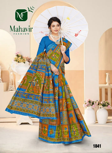 Blue Pure Cotton Malmal Chokda Saree in Rich Position Prints