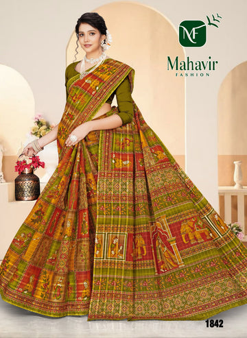 Green Pure Cotton Malmal Chokda Saree in Rich Position Prints