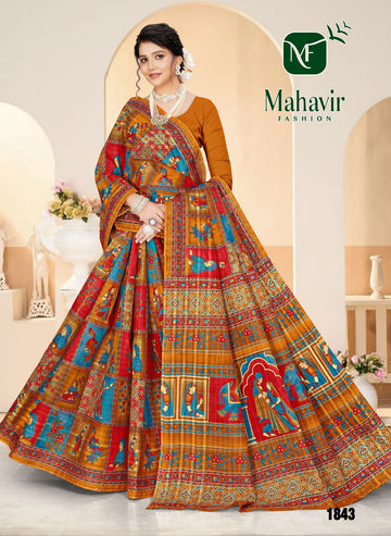 Mustard Pure Cotton Malmal Chokda Saree in Rich Position Prints