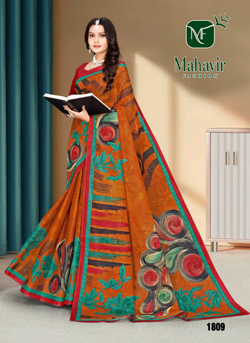 Fancy Rust Pure Cotton Malmal Saree