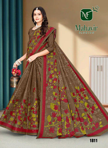 Fancy Floral Brown Pure Cotton Malmal Saree