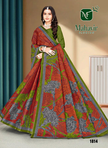 Fancy Floral Rust Pure Cotton Malmal Saree