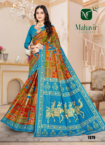 Rich Position Printed Blue Pure Cotton Malmal Chokda Saree