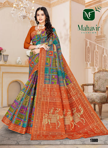 Rich Position Printed Rust Pure Cotton Malmal Chokda Saree
