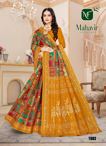 Rich Position Printed Mustard Pure Cotton Malmal Chokda Saree