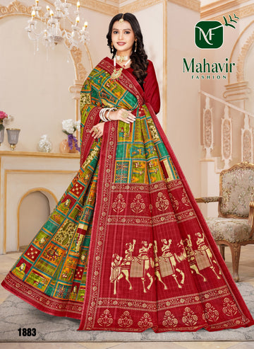 Rich Position Printed Red Pure Cotton Malmal Chokda Saree