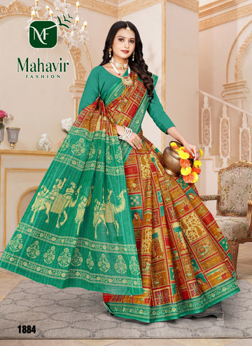 Rich Position Printed Sea Green Pure Cotton Malmal Chokda Saree