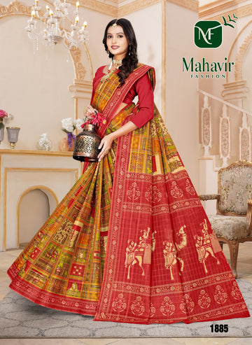 Rich Position Printed Red Pure Cotton Malmal Chokda Saree