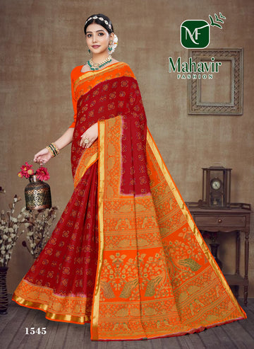 Red Resham Zari Border Bandhani Saree