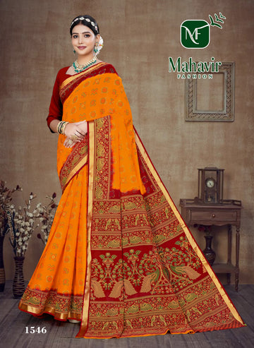 Orange Resham Zari Border Bandhani Saree