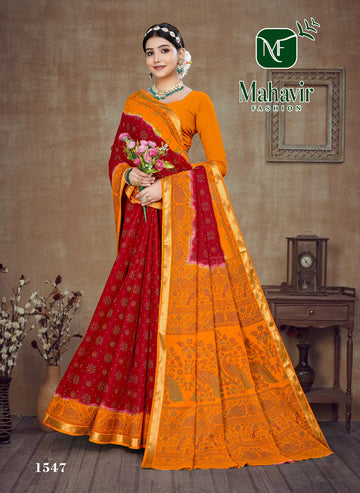 Red Resham Zari Border Bandhani Saree
