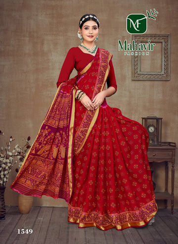 Red Resham Zari Border Bandhani Saree