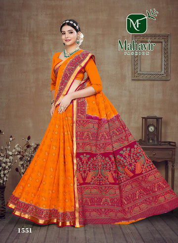 Orange Resham Zari Border Bandhani Saree