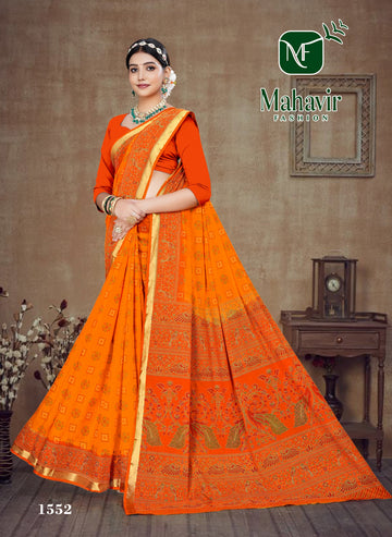 Orange Resham Zari Border Bandhani Saree