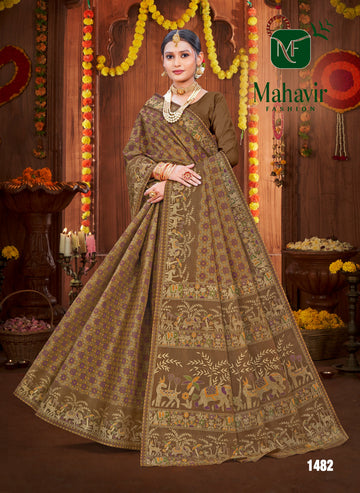Olive Brown Pure Cotton Malmal Saree with Radiant Gold Print