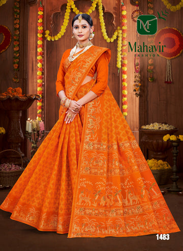 Orange Pure Cotton Malmal Saree with Radiant Gold Print