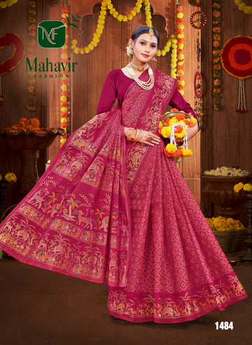 Pink Pure Cotton Malmal Saree with Radiant Gold Print